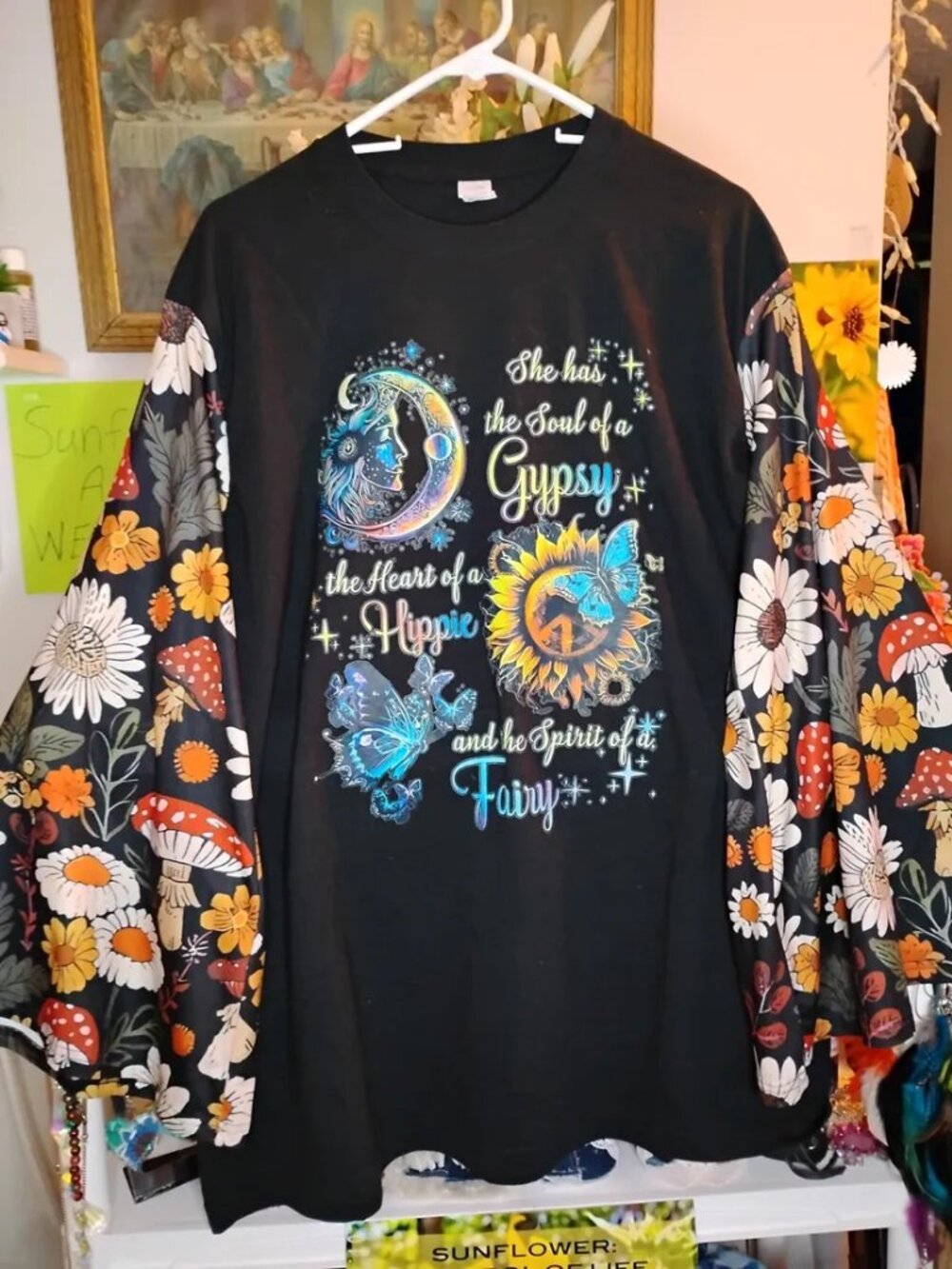 Gypsy Hippie Fairy T-Shirt 2XL Mushrooms Floral Bell Sleeves Upcycled New GH3.
